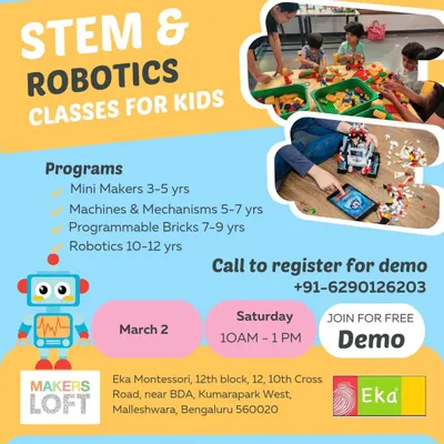 Join us for a free demo of our STEM and Robotics classes. We offer programs for ages 3-12, designed to build a strong foundation in technology and engineering.