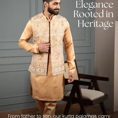 Style passed down like a story. This beige kurta pajama with a matching embroidered jacket is a look of pure elegance, rooted in heritage. My kurta pajamas aren't just worn, they're inherited.