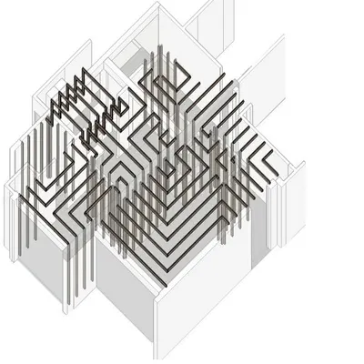 The conceptual diagram for the Lucknow penthouse's integrated ceiling and partition system. This drawing shows the geometric logic of the wooden beams, which run seamlessly from the ceiling down the walls to carve out different functional zones.