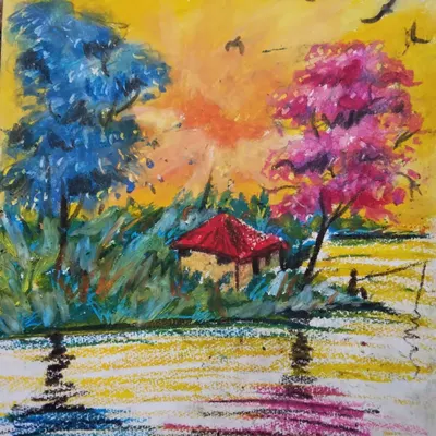 A beautiful landscape painting using oil pastels. I teach students how to blend colours to create a warm, glowing sunset effect.