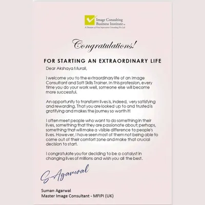 A truly proud moment receiving this warm welcome letter from Suman Agarwal, a master image consultant and co founder of ICBI. This marked the official start of my extraordinary journey as an Image Consultant and Soft Skills Trainer.