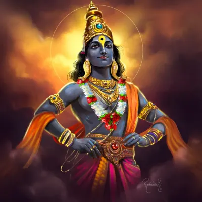 A majestic digital painting of Lord Vitthal, standing on the banks of the Chandrabhaga river. This artwork was created to celebrate Ashadhi Ekadashi, capturing his divine and welcoming posture.