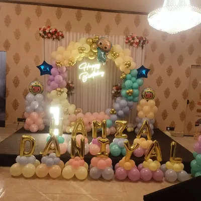 A Cocomelon stage setup for Danial's first birthday. I used pastel balloons to create a soft and cheerful look, with character balloons and a neon "Happy Birthday" sign.