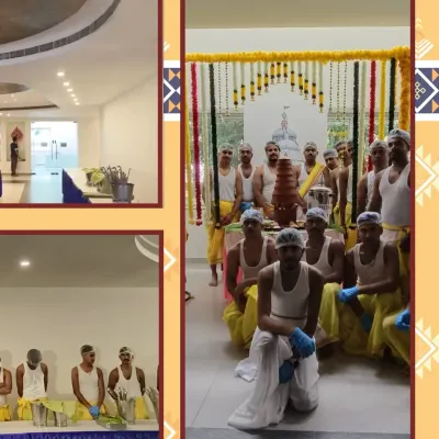 Our team proudly posing during a Rath Yatra catering event. We honor the occasion with traditional attire and a setup that reflects the cultural and spiritual significance of the day.