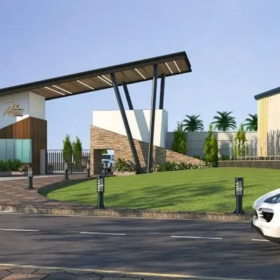 The main entrance gate design for a housing project in Kanpur. This structure serves as a modern and impressive gateway to the community, combining materials like brick, wood, and angled steel supports to create a strong sense of arrival.