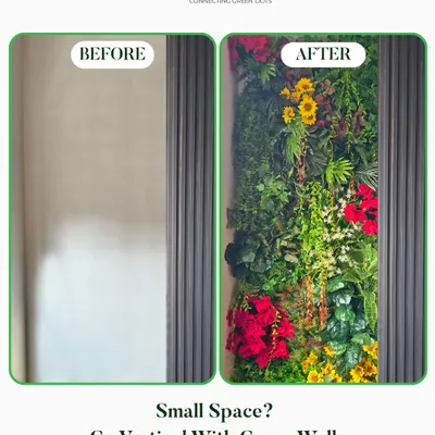 This before-and-after shot perfectly captures the dramatic impact of a vertical garden. A dull, empty wall is instantly transformed into a vibrant and colorful focal point.