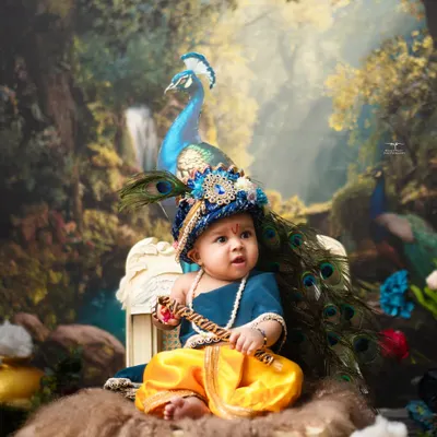 A majestic portrait of a baby Krishna, complete with a peacock and ornate mukut (crown). I pay close attention to every detail to create a truly divine and memorable image.