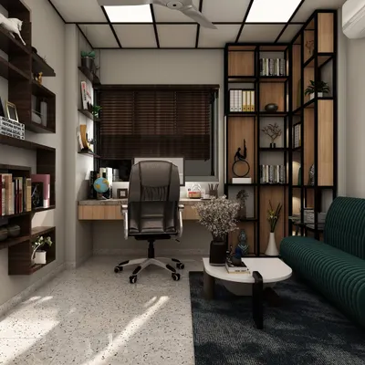 A 3D render of a functional home office, featuring an industrial-style corner bookshelf, a comfortable sofa for breaks, and an ergonomic chair for long hours of work.