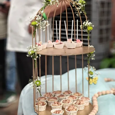 A closer look at our dessert table setup, featuring delicate cake pops and cupcakes displayed in a golden, two-tiered birdcage stand adorned with fresh baby's breath.
