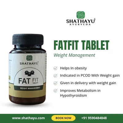 My Fatfit Tablet is a weight management supplement that helps with obesity and is also indicated for weight gain associated with PCOD and post-delivery. It works by improving metabolism, especially in cases of hypothyroidism.
