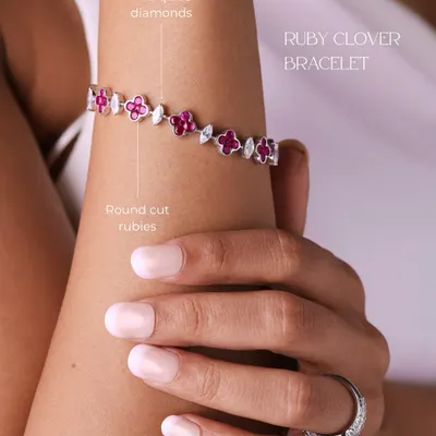 The Ruby Clover Bracelet is a beautiful example of wearable luxury. It combines the vibrant color of round-cut rubies with the sparkle of marquise diamonds, creating a piece that is both delicate and striking.