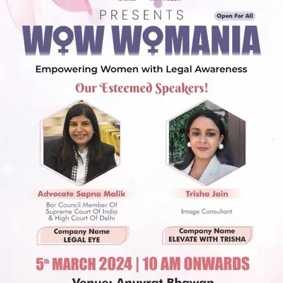 I was honored to be an esteemed speaker at the WOW WOMANIA event, empowering women with legal awareness. This poster highlights my role as a Bar Council Member and my commitment to community engagement.