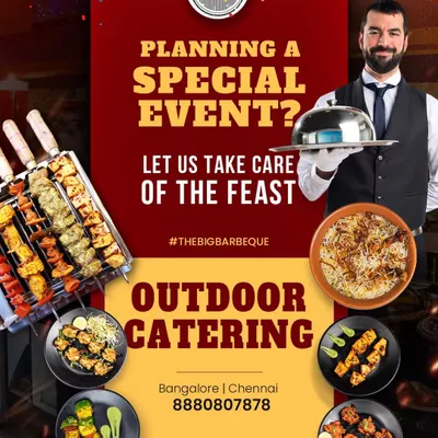 Planning a special event? This graphic gives a complete overview of our outdoor catering, showcasing our live grills, biryani, and professional service that we bring to your location.