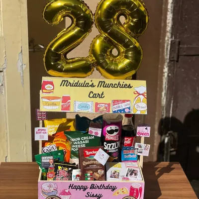 Introducing my custom Flour Power Carts. This "Munchies Cart" was created for a 28th birthday, filled with all her favorite snacks and treats.