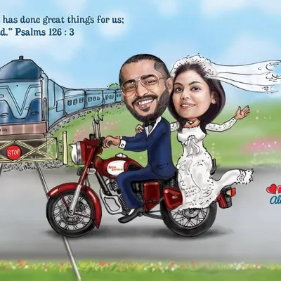 A charming wedding invite caricature for a couple, telling their story with a Royal Enfield bike, a train, and a church in the background.
