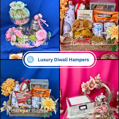 A glimpse into our luxury Diwali hamper collection. Each one is handcrafted and unique, featuring different combinations of snacks, sweets, and decorative items in beautiful baskets and trays.