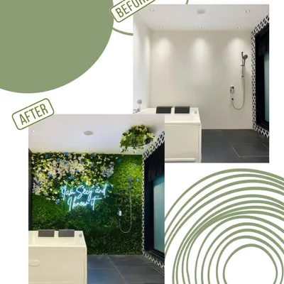 A stunning before-and-after of a bathroom we transformed into a personal retreat. The artificial green wall with integrated neon sign adds a touch of luxury and personality, creating a true sanctuary.