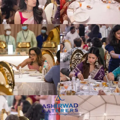 A collage capturing the happy moments and esteemed guests enjoying the lavish feast at Dhananjaya's wedding. It brings me joy to see everyone, from celebrities to family, savoring the food we prepare.