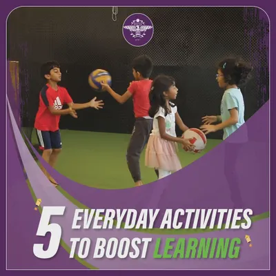 This graphic is the cover for a series on 5 everyday activities to boost learning, showing how experiences like chores and cooking can be learning adventures.
