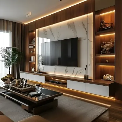 This is a great example of our high-end entertainment units. We combined a floor-to-ceiling marble-finish backdrop with warm, recessed LED lighting to create a luxurious and modern living room centerpiece. The design includes a floating console with closed storage and open, backlit shelves for displaying decor.