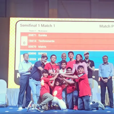 A proud moment for our team at the First Tech Challenge (FTC) India Championship. The entire team, along with mentors, celebrates winning the "Best Team in Research Innovation" award, a testament to their deep project analysis and creative solutions.