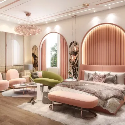 How much pink is too much pink? For this daughter's room in Agra, we used varying shades of pink with arched architectural details to create a dreamy and feminine space. The design is sophisticated yet playful, featuring plush seating and elegant lighting.