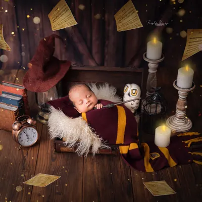 Our newest little wizard. This Harry Potter themed newborn shoot features a sorting hat, a wand, and magical floating pages to create a truly enchanting portrait for fans of the series.