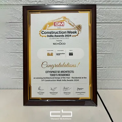 We are proud to have received the "Construction Week India Awards 2024" in the Residential Category for our project, Todd's Residence. This accolade honors our dedication to innovative and sustainable design.