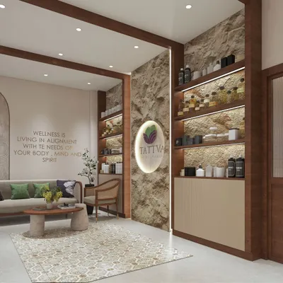This is the welcome area of the Tattva Wellness Spa, designed to immediately ground visitors. We used natural stone, warm wood, and a clear brand message to create a space that speaks to body, mind, and spirit alignment.