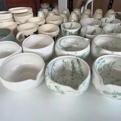 This was a large and exciting order for a matcha tea bar. I made everything from splash-glaze bowls to hand-pinched mugs and pourers.