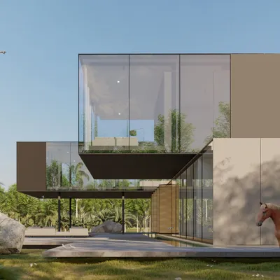 This minimalist farmhouse concept features two floating bars for private and semi-public spaces, stacked over a transparent public area. The design hovers above the landscape, preserving the natural environment while creating a striking architectural form that is both simple and profound.