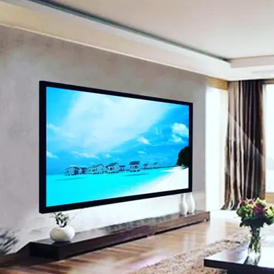 A fixed-frame projector screen installed in a contemporary living room. This setup provides a dedicated, perfectly flat surface for the best possible image quality, turning your main living space into a dual-purpose media room.