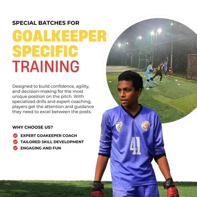 An announcement for our special batches for goalkeeper-specific training, available at our new Bhandup center.