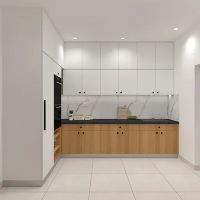 This 3D render demonstrates a popular and timeless two-tone kitchen design, pairing warm wood-grain lower cabinets with clean white uppers. The layout includes a tall unit that seamlessly integrates appliances, maximizing both storage and style.