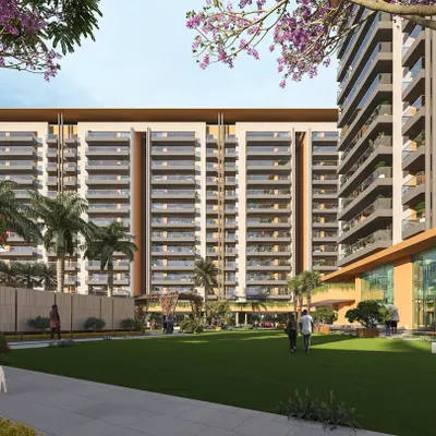A render of Gulnaar Zenium, showing the expansive central green space designed to foster community interaction and provide residents with a tranquil escape.