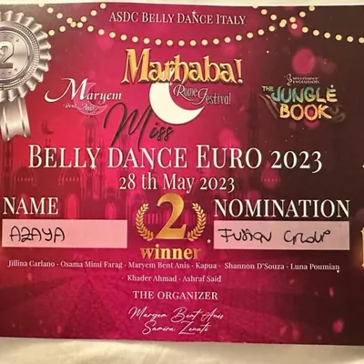 We did it! Team Azaya won 2nd place in the Fusion Group category at the Miss Belly Dance Euro 2023 festival in Rome. I am so incredibly proud of my team for this amazing achievement on an international stage.