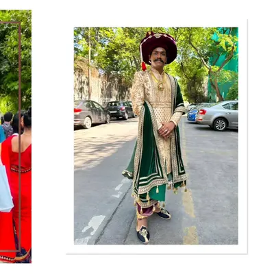 Channeling the regal spirit of a Maratha warrior. This client looks magnificent in our authentic Peshwai outfit, complete with the traditional hat and accessories.