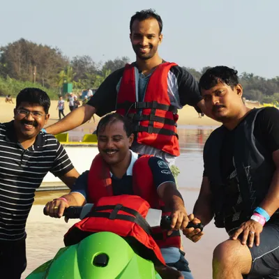 A moment of fun on a jet ski during a corporate offsite we organized in Goa. We mix thrilling water sports with team-building to create a balanced and memorable experience.