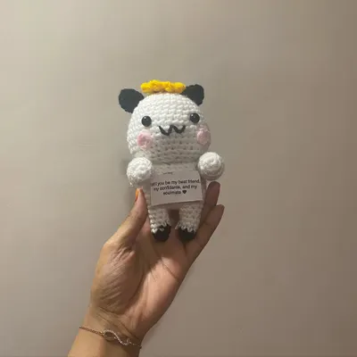 This is my special message doll. This little creature holds a tiny, personalized note with your own words, making it a truly heartfelt gift for a best friend, partner, or someone special.