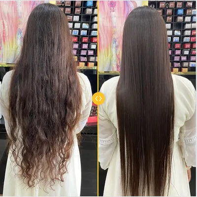 A side-by-side look at a hair smoothening treatment. The result is perfectly straight, frizz-free hair that looks and feels healthy from root to tip.