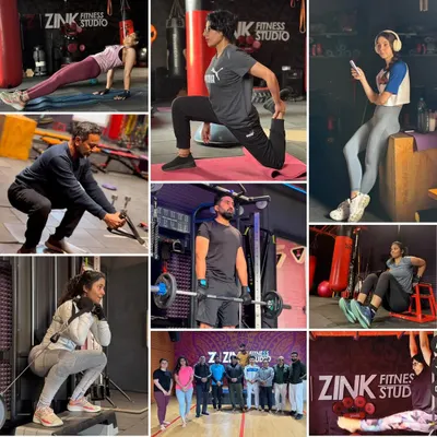 A collage showcasing the variety of workouts at our Zink Fitness Studio, from strength training and deadlifts to planks and stretching.