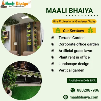 This graphic outlines the main services I offer. Whether you need a terrace garden, a corporate office garden, an artificial lawn, or landscape design, I have a solution for you.
