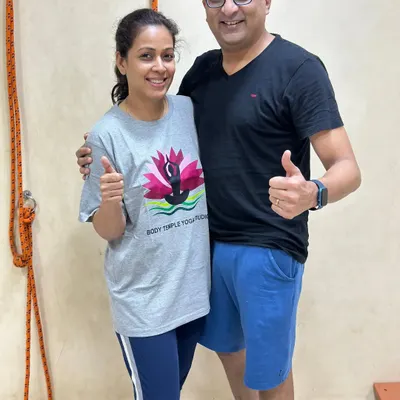 So much joy seeing our members, Ishan and Sheetal, looking strong and happy after class. This is what our yoga family is all about, supporting each other on the journey as a fit couple.
