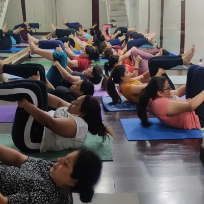 A full class at my Twinkle Yoga Centre in Lajpat Nagar. Here, clients are performing a variation of Pavanamuktasana, an essential pose for relieving lower back tension and improving digestion.