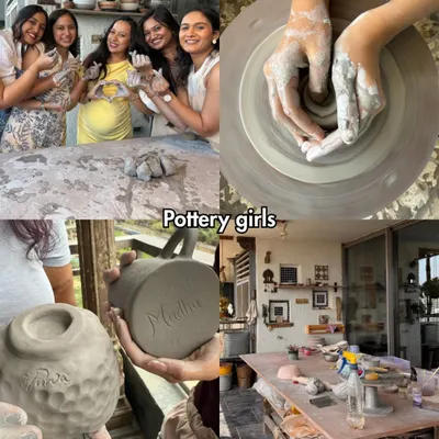 A collage celebrating "Pottery girls," showing groups of friends laughing, working on the wheel, and proudly displaying their handmade items.