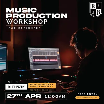 This flyer for our "Music Production for Beginners" workshop shows our commitment to making music creation accessible. We host sessions that cover the basics, from using a DAW to recording your first track.