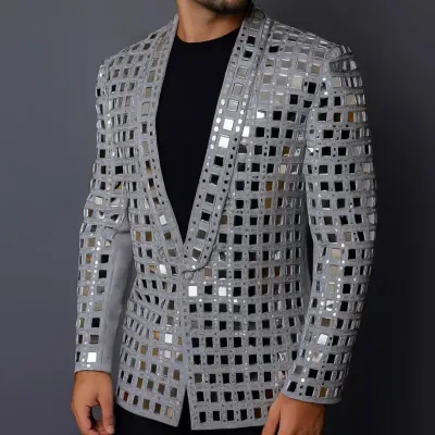 A show-stopping grey jacket covered in a lattice of real mirrors. This is the ultimate statement piece for a glamorous cocktail party or reception, designed for the man who isn't afraid to shine.