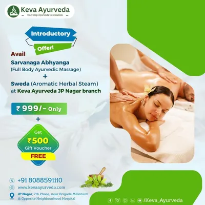 We are happy to offer an introductory special at our JP Nagar branch. New clients can experience a full-body Ayurvedic massage and herbal steam at a special price, along with a complimentary gift voucher.