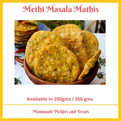 My Methi Masala Mathi is a customer favourite, a crunchy and savoury cracker spiced with dried fenugreek leaves. It's the perfect flaky biscuit to enjoy with your evening tea or with a spoonful of my homemade achaar.