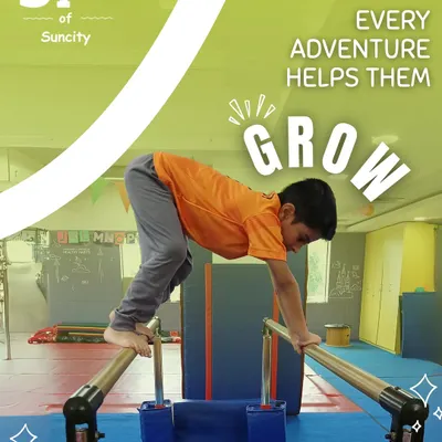 Every adventure helps them grow. This preschooler is developing upper body strength and balance on the parallel bars, an essential piece of gymnastics equipment.